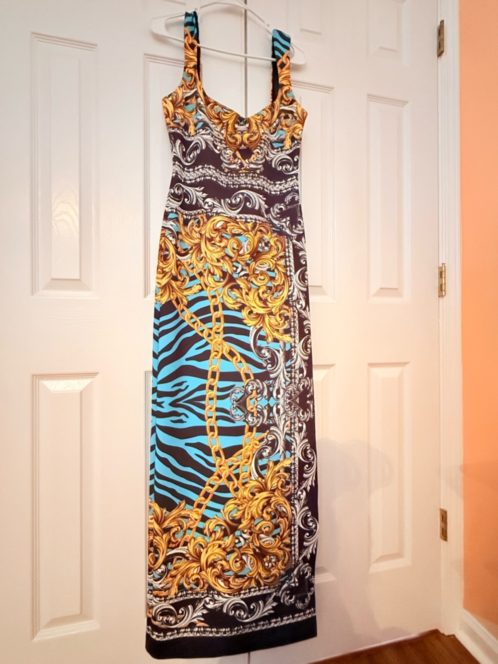 Marciano Turquoise, Black & Gold Chain-Print Sleeveless Maxi Dress - Picture 2 of 9